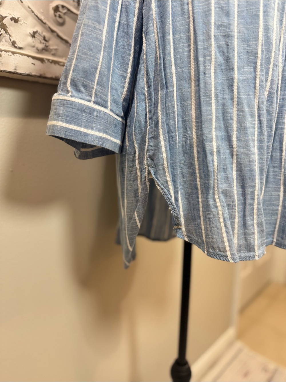 Nine West Jeans XL Blue White Stripe Tunic Blouse Split Neck 3/4 Sleeve Coastal - Picture 5 of 10
